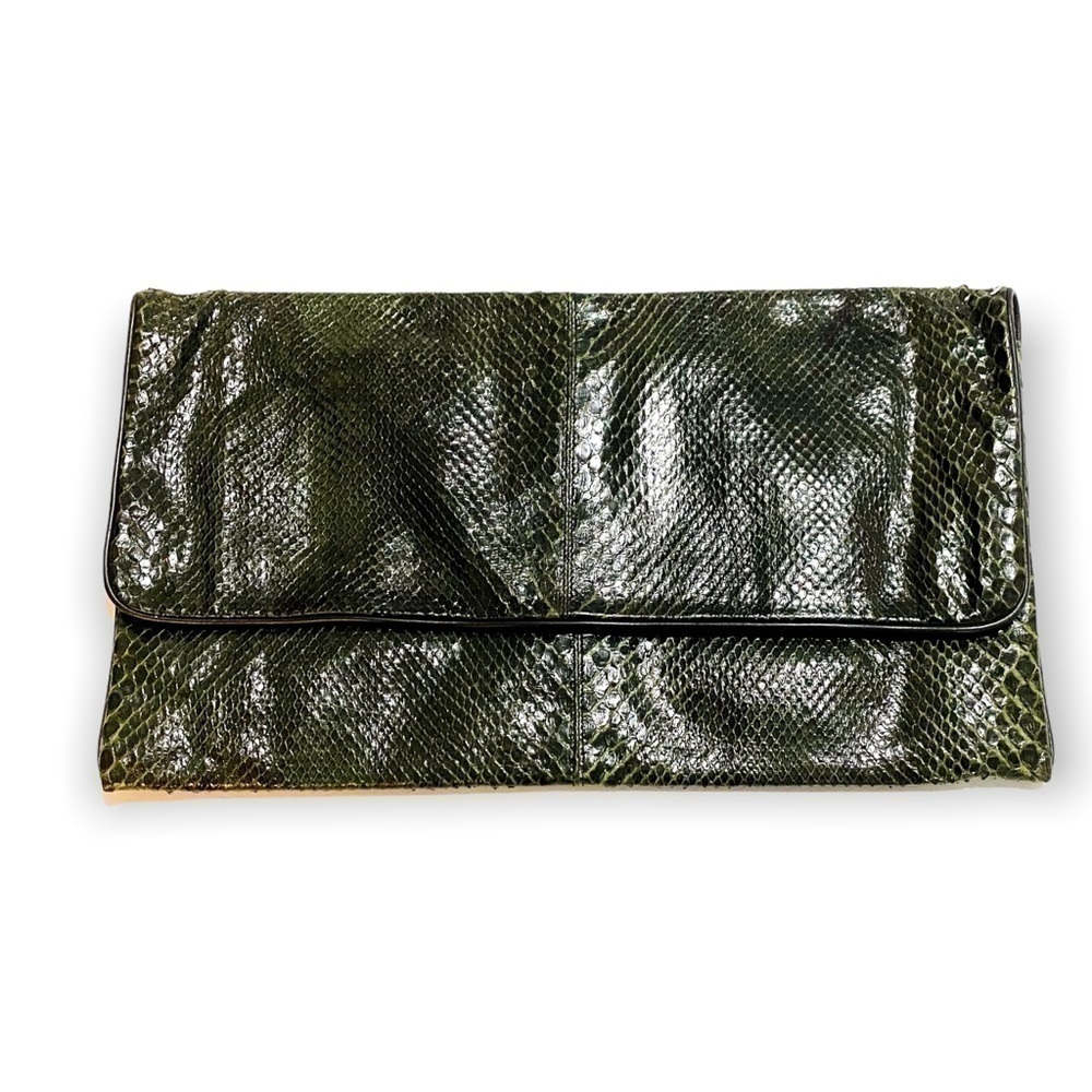 Vintage Snake leather clutch bag, green/black snake‎ with black piping